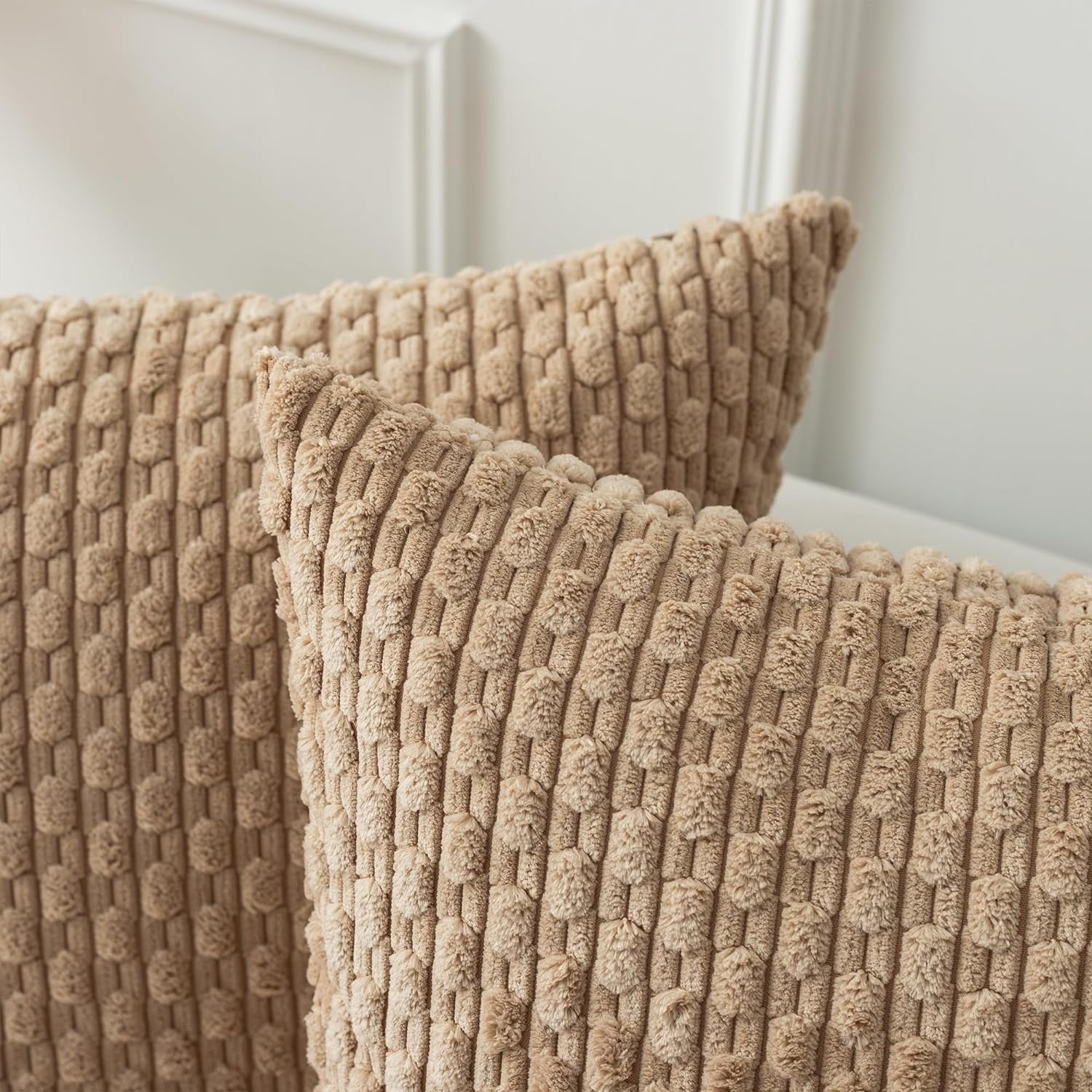 Holzlrgus Fall Set of 2 Striped Textured Velvet Corduroy Decorative Europe Sham Seasonal Autumn Throw Pillow Cushion Cover for Couch, (60x60 cm, 24inch), Burnt Brick 22 x 22-Inch Tan