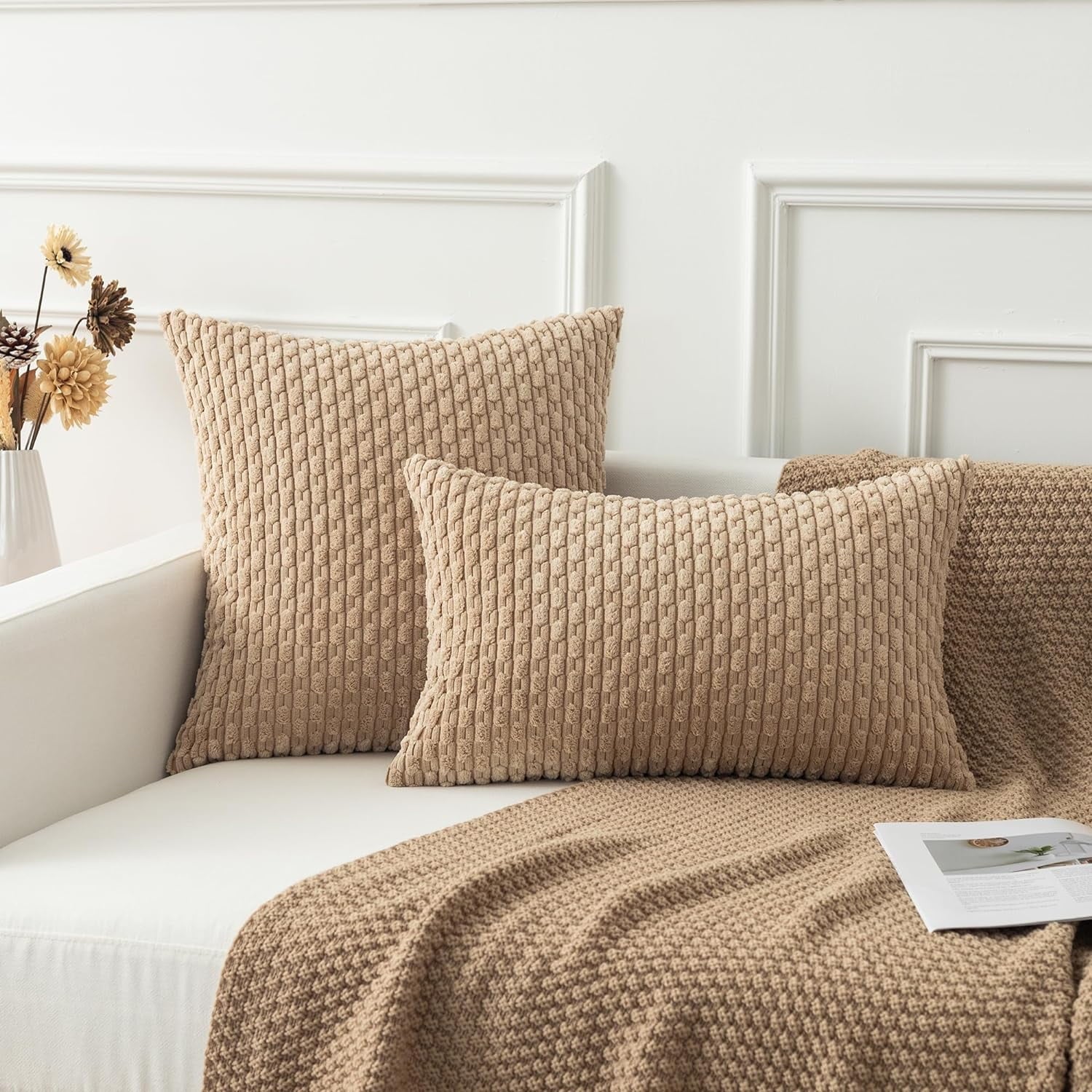 Holzlrgus Fall Set of 2 Striped Textured Velvet Corduroy Decorative Europe Sham Seasonal Autumn Throw Pillow Cushion Cover for Couch, (60x60 cm, 24inch), Burnt Brick 22 x 22-Inch Tan