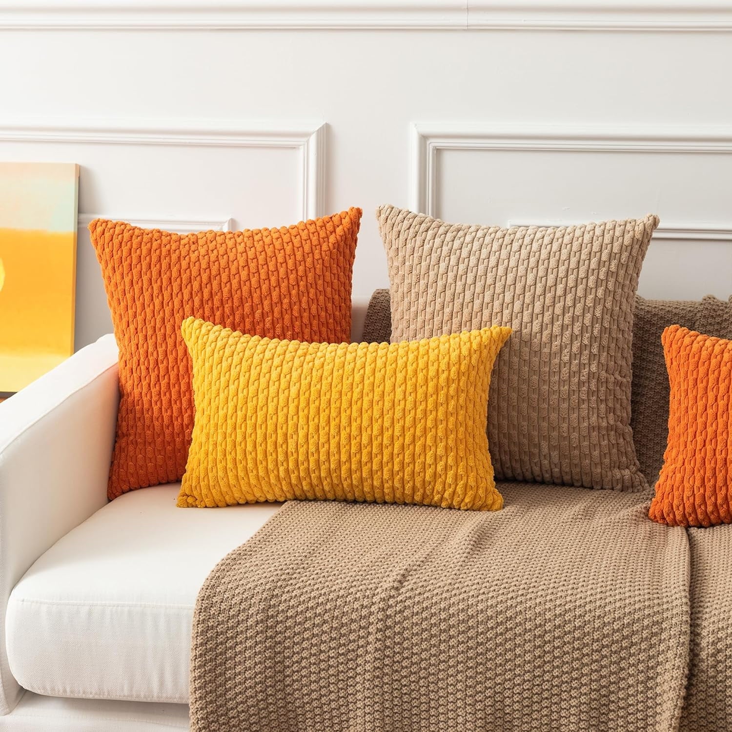 Holzlrgus Fall Set of 2 Striped Textured Velvet Corduroy Decorative Europe Sham Seasonal Autumn Throw Pillow Cushion Cover for Couch, (60x60 cm, 24inch), Burnt Brick 22 x 22-Inch Tan