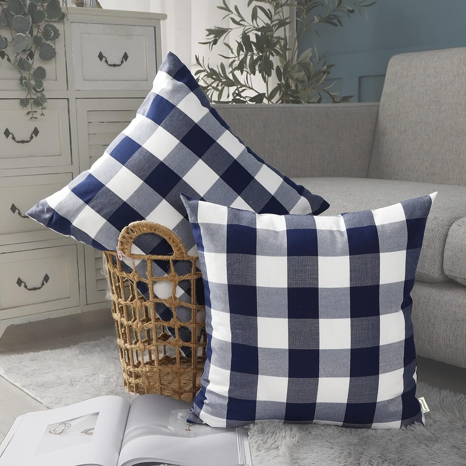 Light Blue Farmhouse Buffalo Plaid Pillow Covers 18x18 Set of 2 Patio Outdoor Decor Neutral Checkered Pillow Covers 18 x 18, Blue and White Gingham Plaid Check 18"x18", Set of 2 Navy Blue