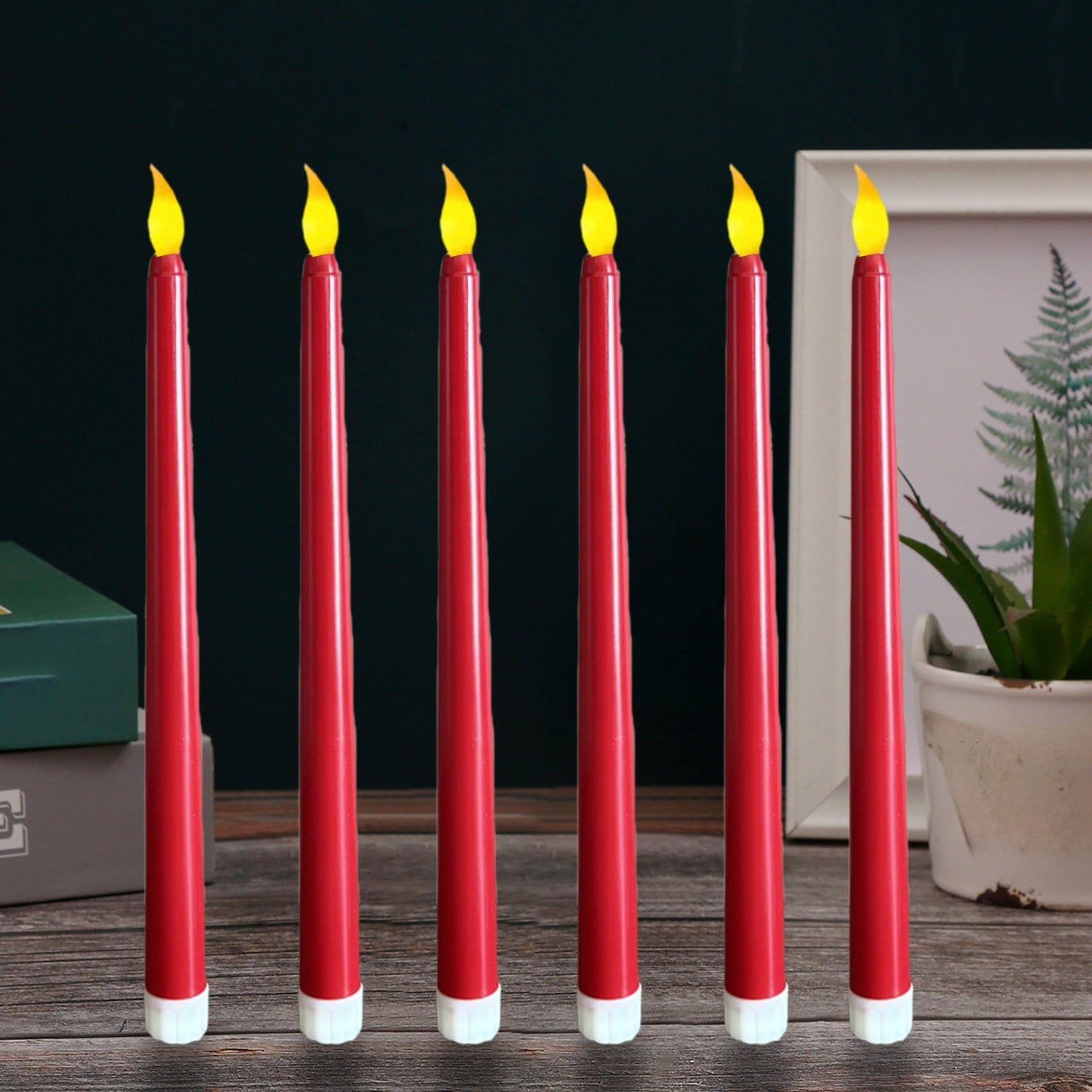 6 Pcs Flameless Taper Candles with Remote, 10.8 inches Plastic Red LED CandleSticks with Flickering Light, Battery Operated Window Candles for Christmas Decoration Red