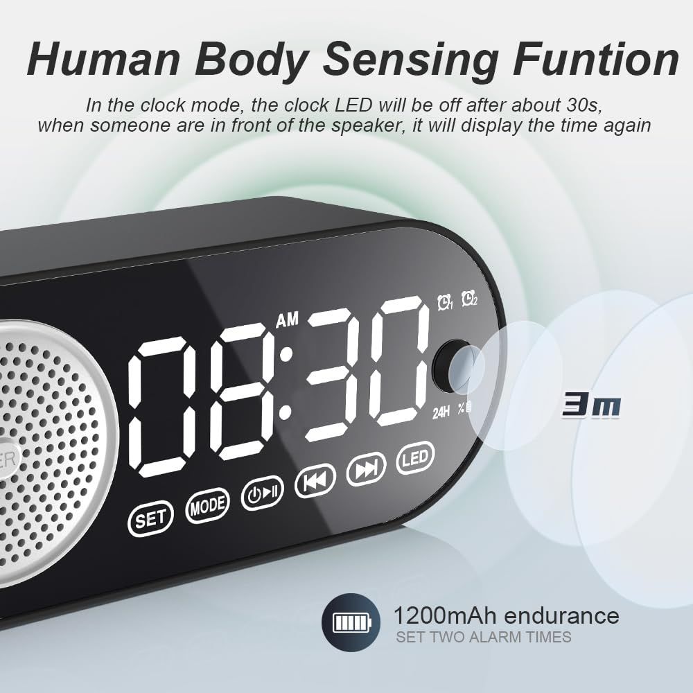 Digital Alarm Clock with Bluetooth Speaker, Dual Alarm Clock for Bedroom Heavy Sleeper Wireless Speaker  (Black)