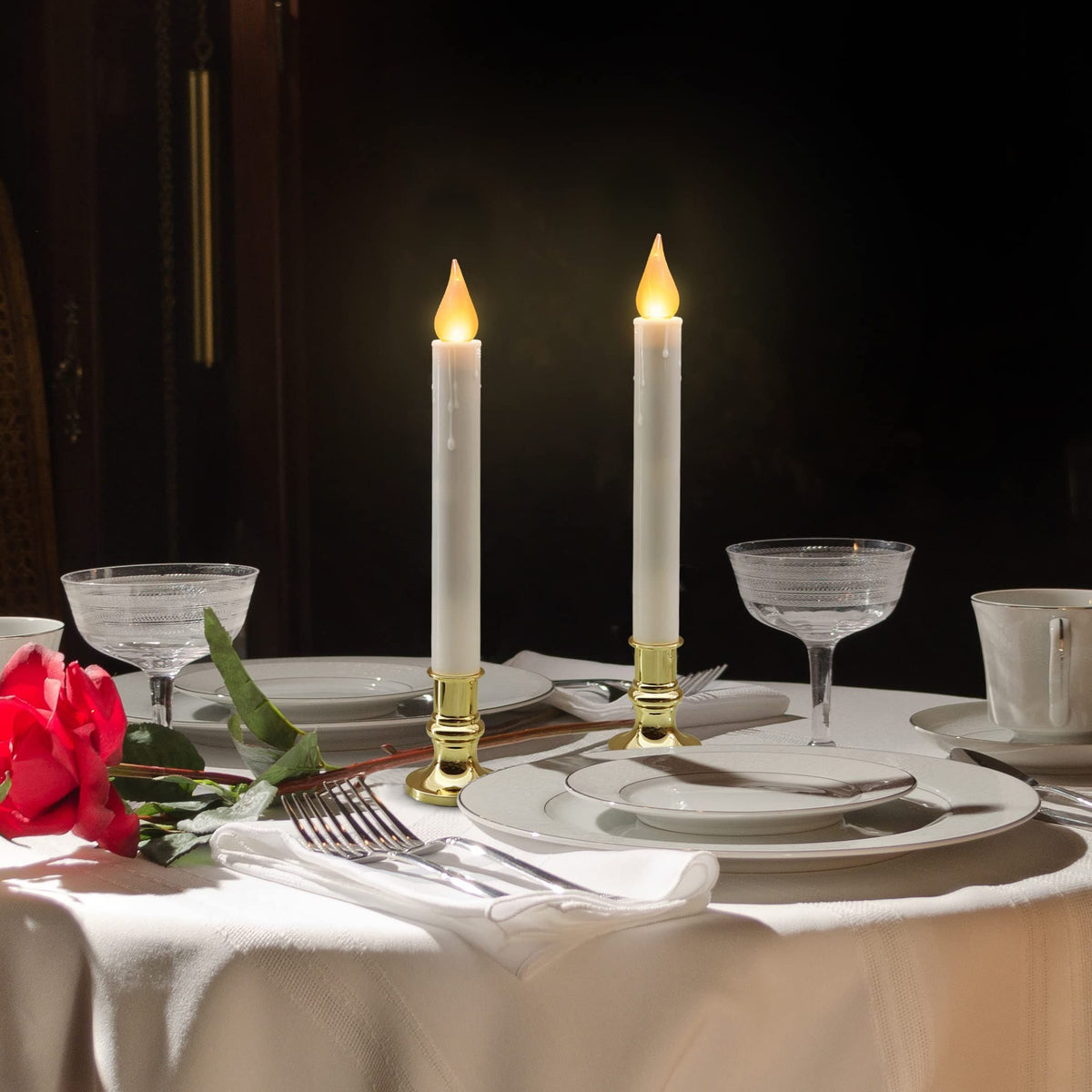 LED White Taper Candles with Gold Holders Pack of 2, Elegant Glow Centerpieces Flameless Candlesticks for Home Décor