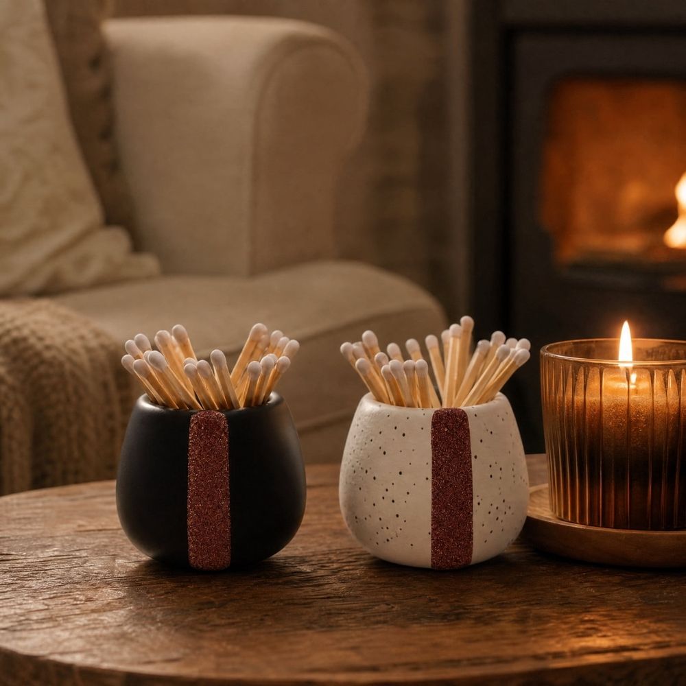 Ceramic Match Storage Set, Decorative Two-Piece Match Holder, Built-In Striker for Easy Lighting, Ideal Home Decor Accent, Perfect Candle and Fireplace Accessory