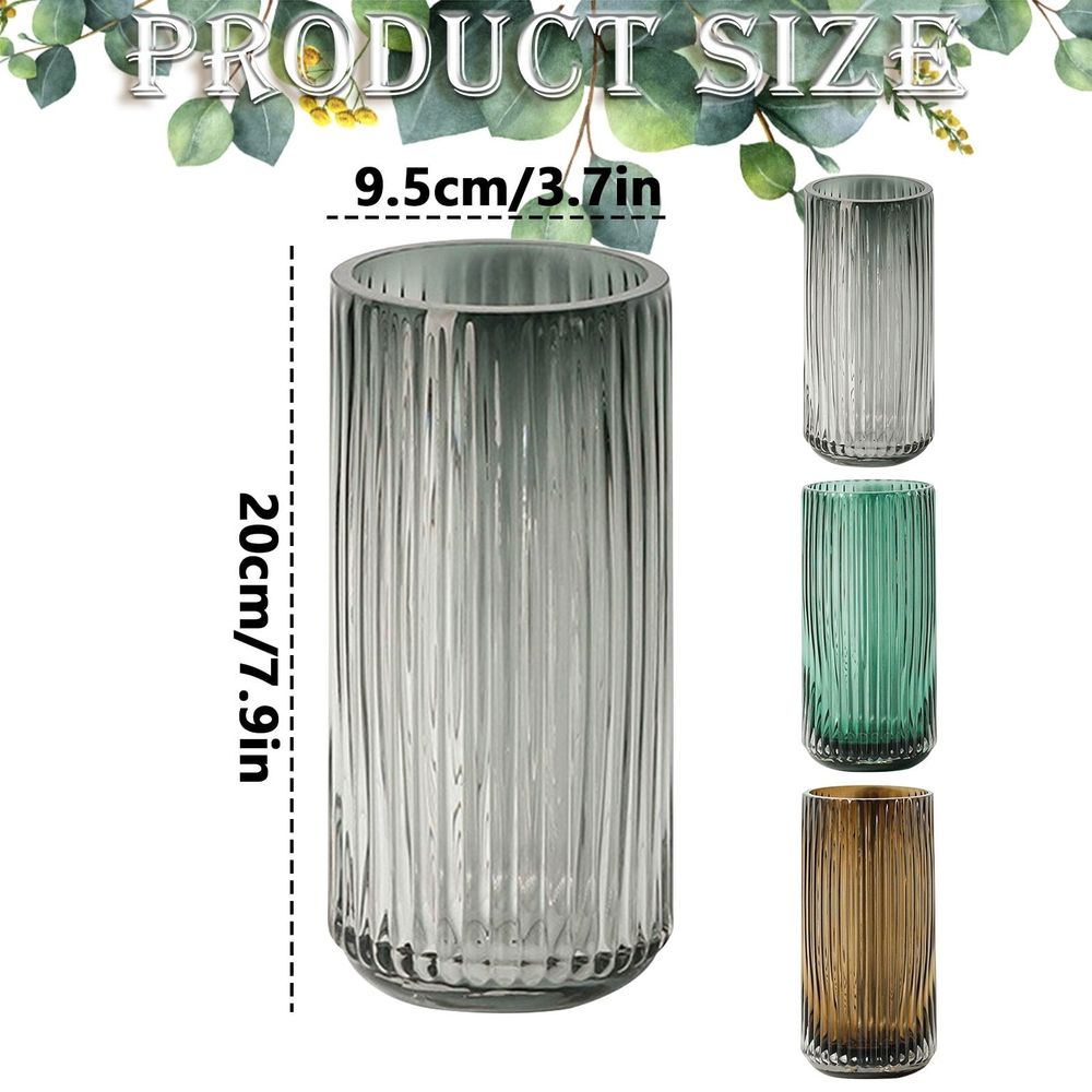 Modern Vertical Ribbed Glass Cylinder Vase – Stylish Home Decor Centerpiece for Living Room, Table, Desk or Entryway, Ideal for Fresh Flowers, Hydroponic Green Plants, Candles, Housewarming Gift, C