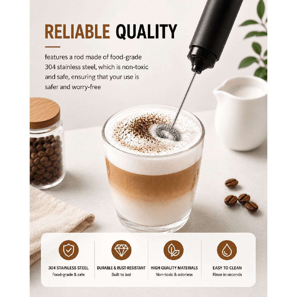 Rechargeable Milk Frother Hanheld, Electric Foam Maker Drink Mixer with Stainless Steel Whisk, Portable Hand Frother Wand for Coffee Matcha Lattes Cappuccino, Kitchen Gifts, Black