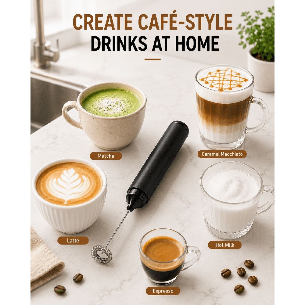 Rechargeable Milk Frother Hanheld, Electric Foam Maker Drink Mixer with Stainless Steel Whisk, Portable Hand Frother Wand for Coffee Matcha Lattes Cappuccino, Kitchen Gifts, Black