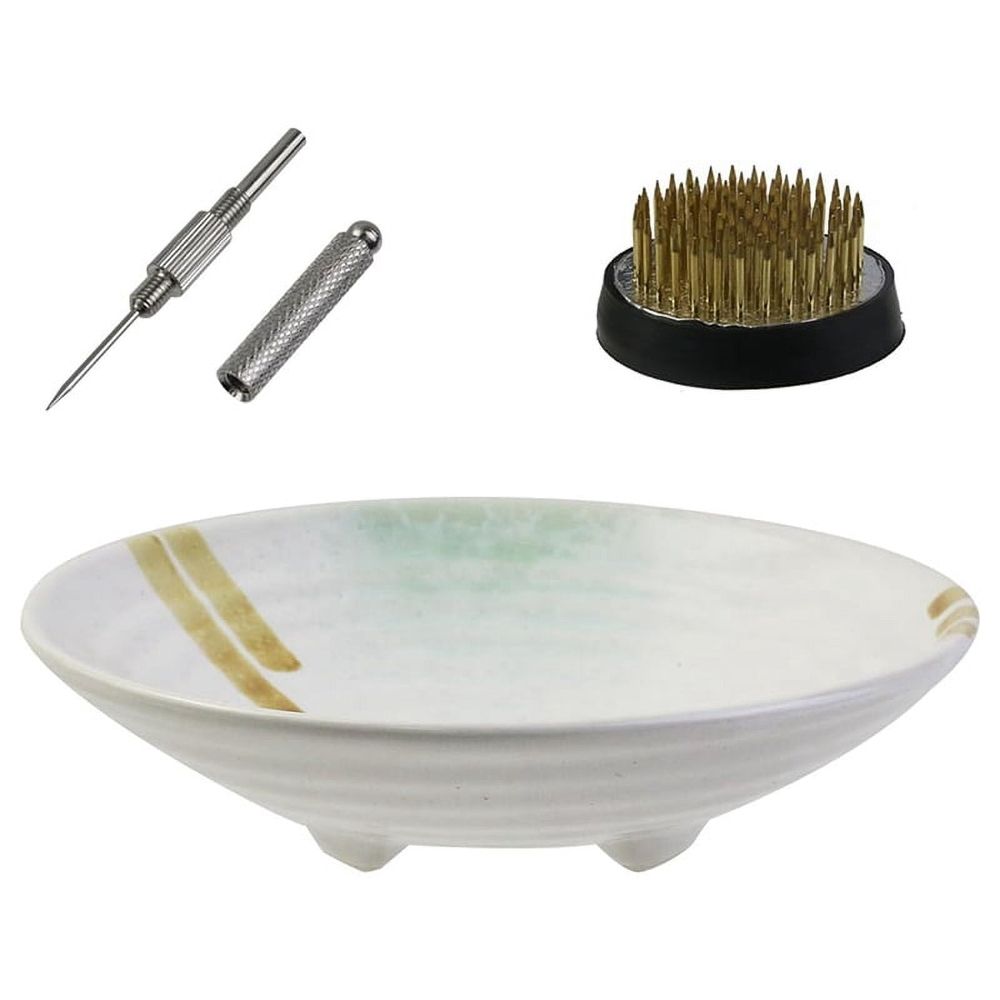 Ikebana Vase Kit, Ceramic Ikebana Bowl and Metal Flower, with Needle Straightening Tool Green