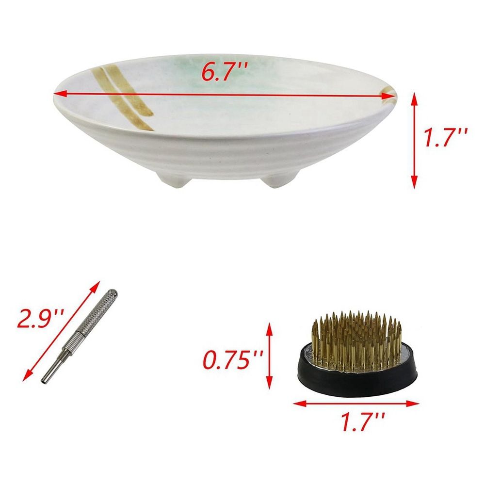 Ikebana Vase Kit, Ceramic Ikebana Bowl and Metal Flower, with Needle Straightening Tool Green