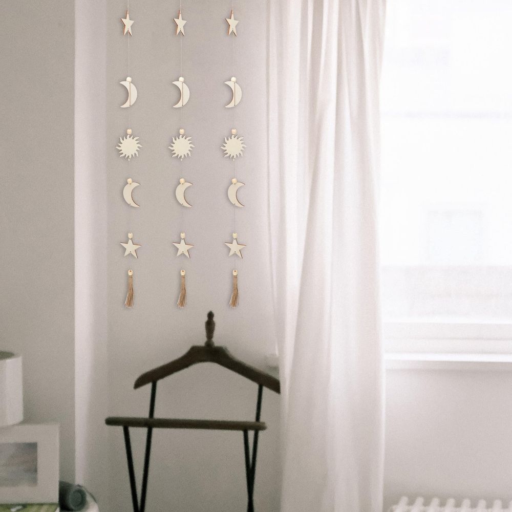 Khaki Wooden Star Moon Wall Hanging Decor Bohemian Home Use 1Pc