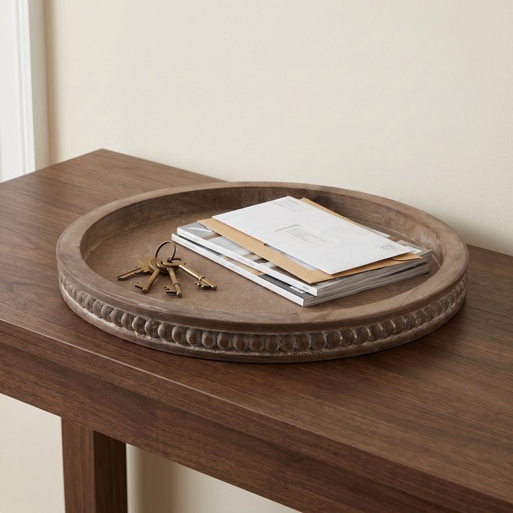 Brown Wooden Beaded Round Serving Tray Vintage Farmhouse Style Decorative Tray for Home and Kitchen
