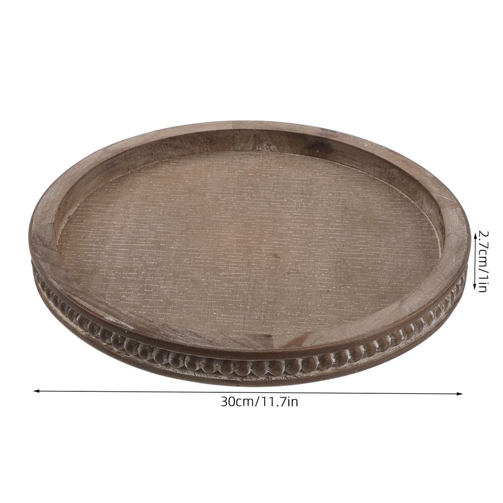Brown Wooden Beaded Round Serving Tray Vintage Farmhouse Style Decorative Tray for Home and Kitchen