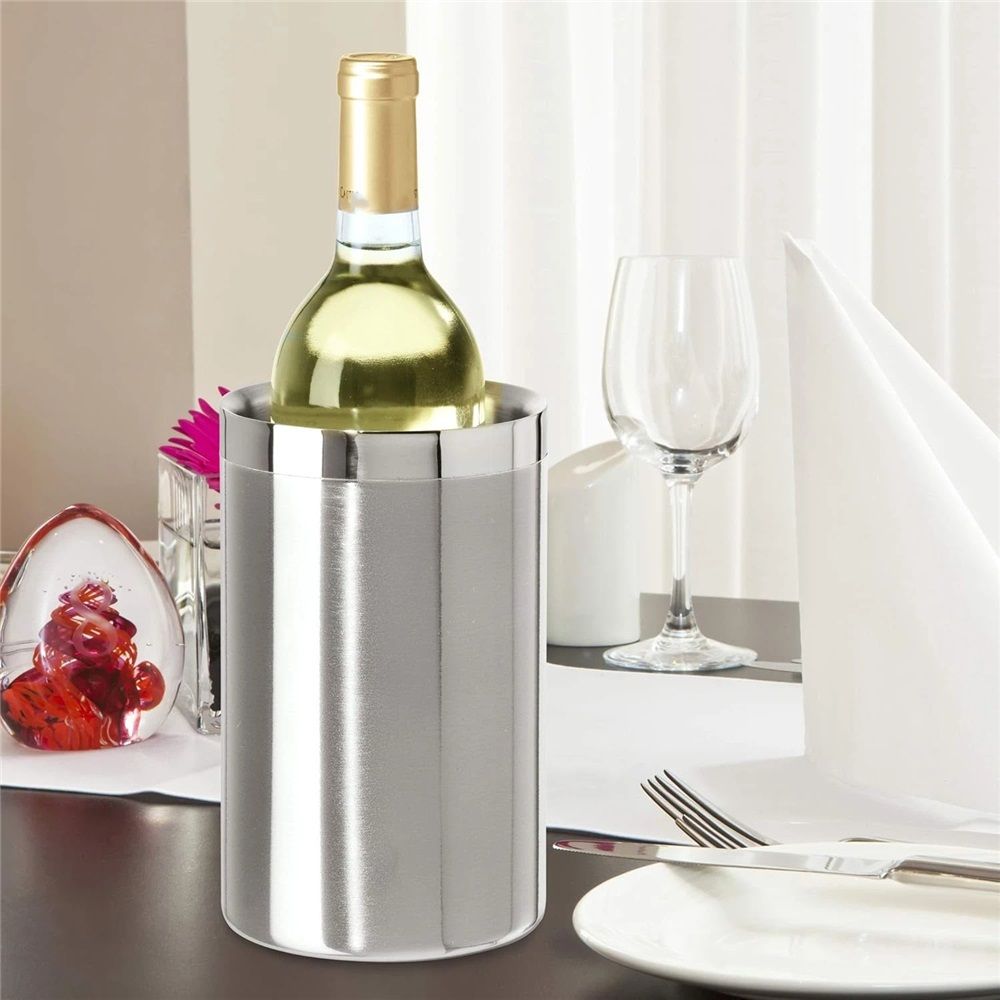 Stainless Steel Double Wall Wine Cooler - Insulated Tabletop Wine Chiller for White Wine & Champagne, Fits Most Standard Sized Bottles（1.6L）