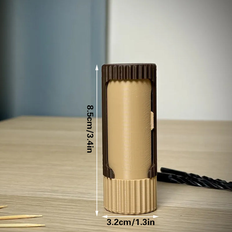 3D-printed compact rotating organizer capsule, 1.3 inches long x 5.9 inches high.
