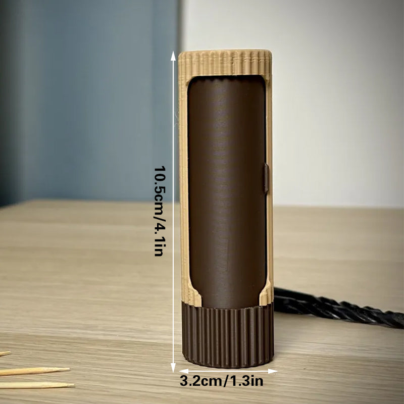 3D-printed compact rotating organizer capsule, 1.3 inches long x 5.9 inches high.