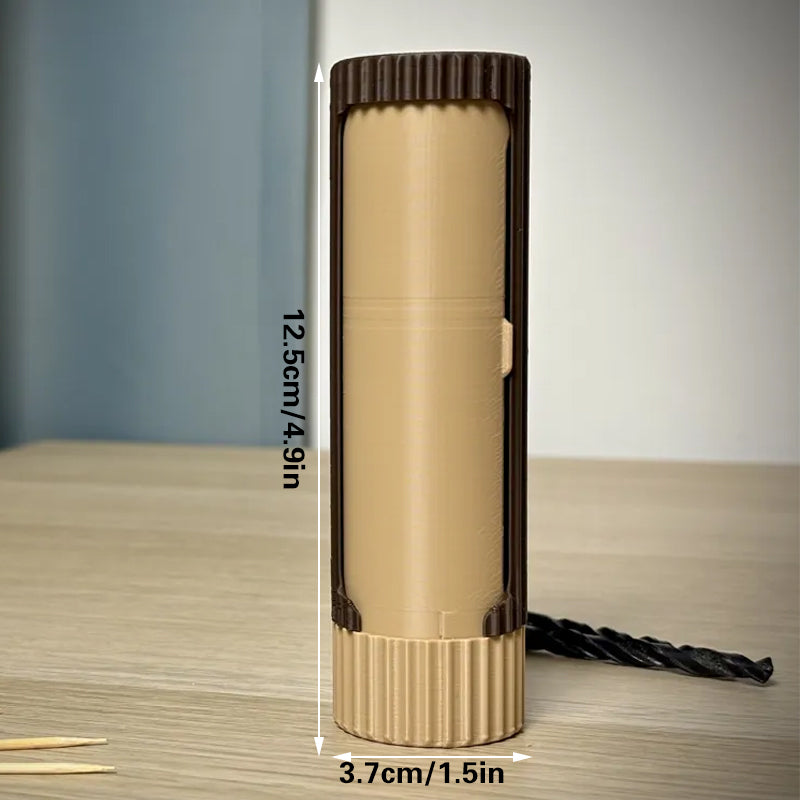 3D-printed compact rotating organizer capsule, 1.3 inches long x 5.9 inches high.