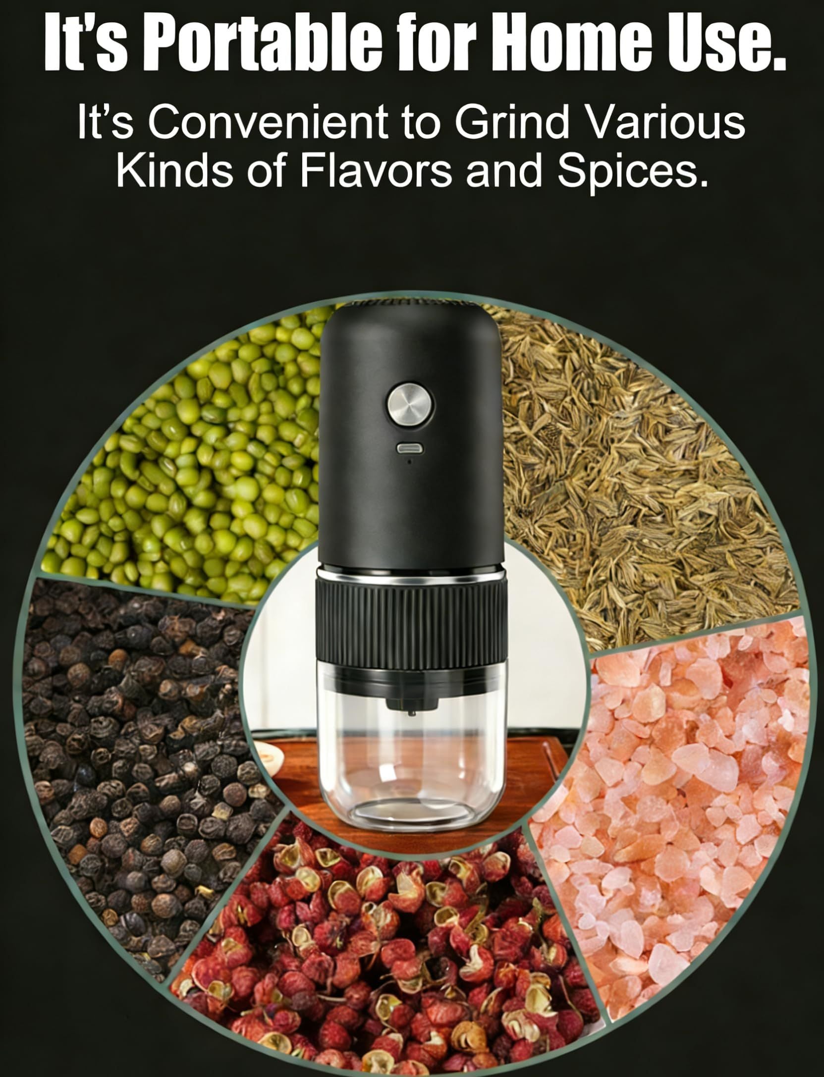 Black electric coffee grinder, automatic spice grinder, rechargeable, salt grinder, pepper grinder, adjustable coarseness, detachable design, kitchen tool.