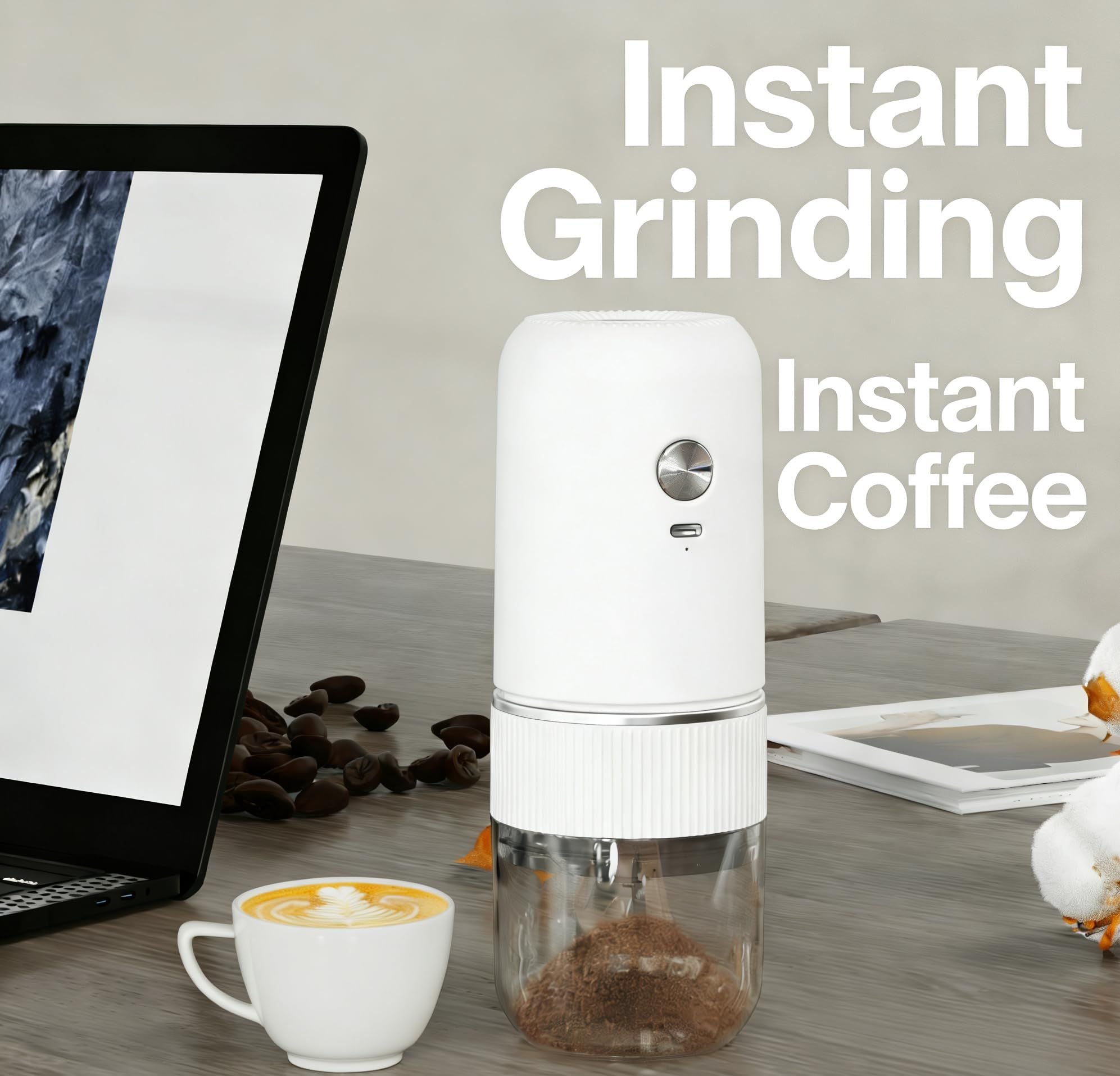 White electric coffee grinder, automatic spice grinder, rechargeable, salt grinder, pepper grinder, adjustable coarseness, detachable design, kitchen tool.