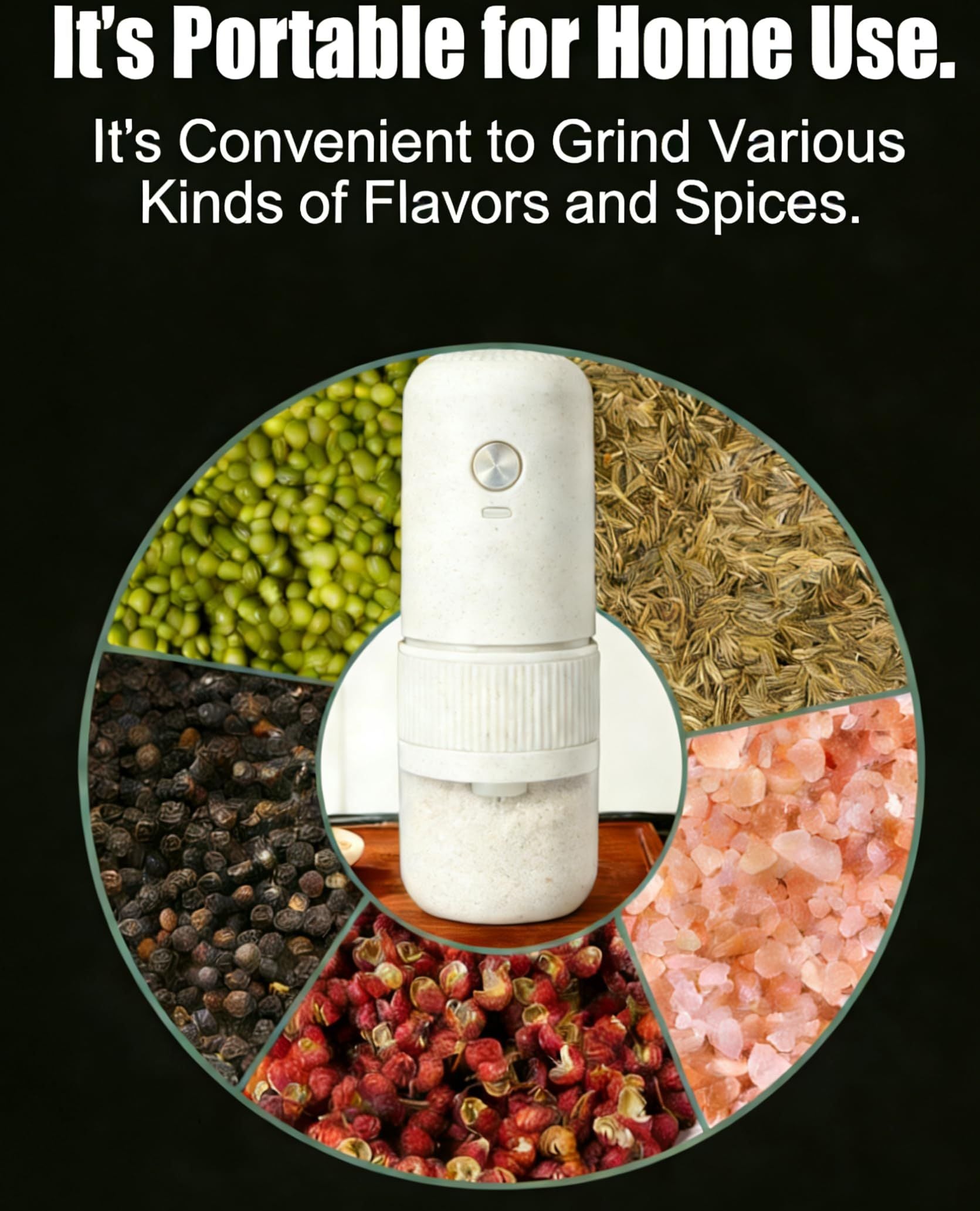 White electric coffee grinder, automatic spice grinder, rechargeable, salt grinder, pepper grinder, adjustable coarseness, detachable design, kitchen tool.