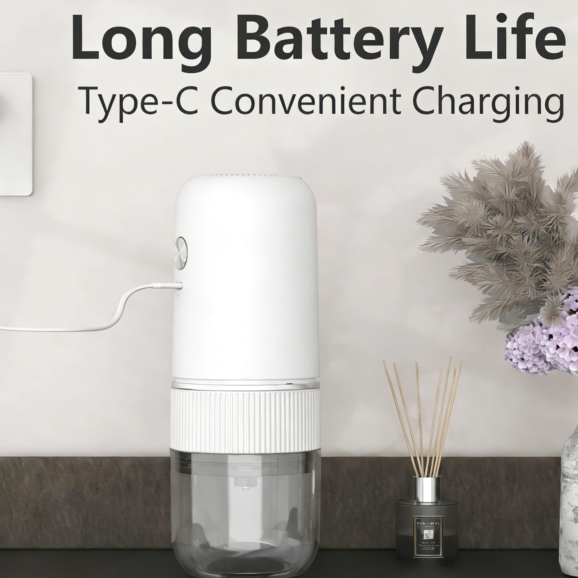 White electric coffee grinder, automatic spice grinder, rechargeable, salt grinder, pepper grinder, adjustable coarseness, detachable design, kitchen tool.