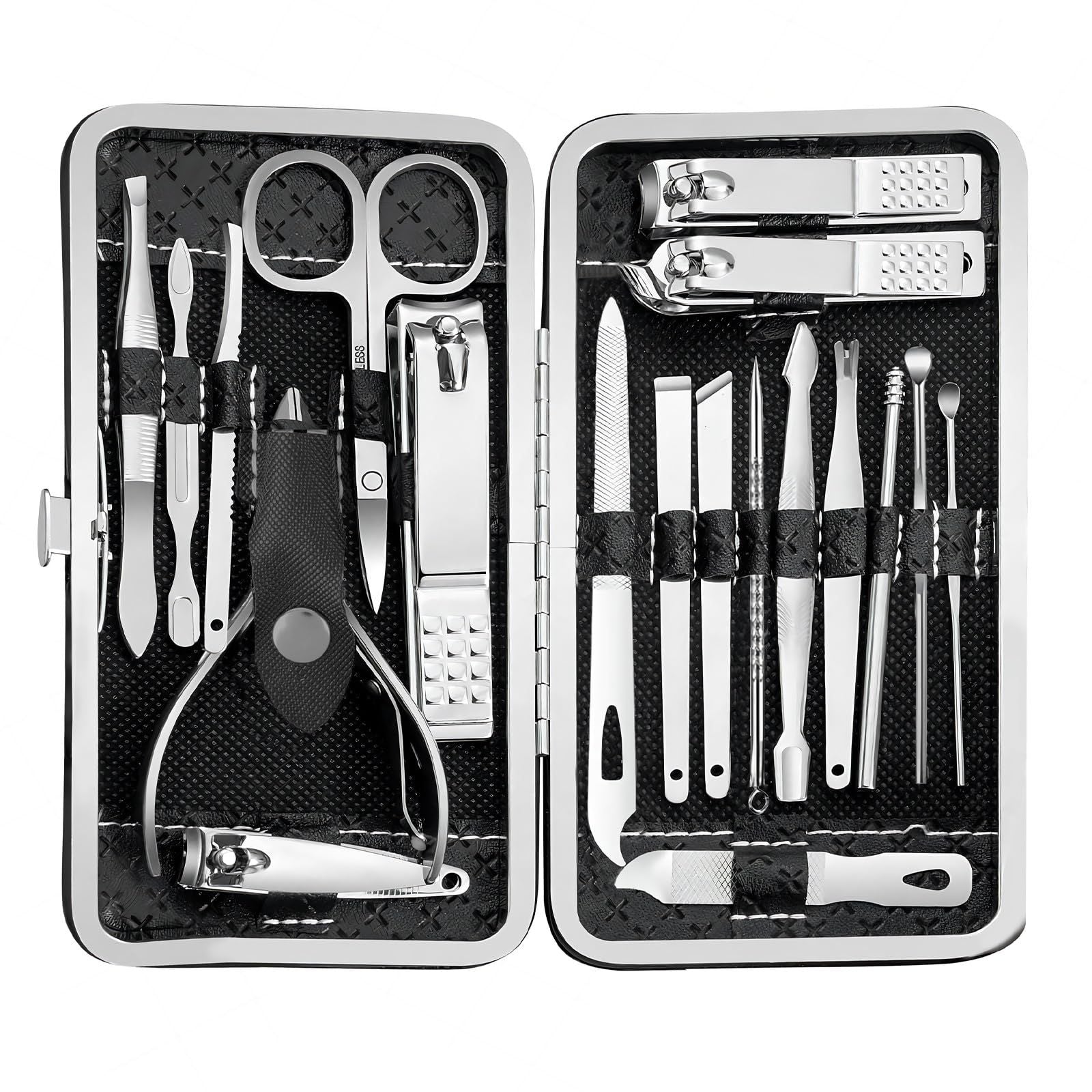 19 piece black nail care set stainless steel beauty set with plant printing bag, including scissors, tweezers, nail files