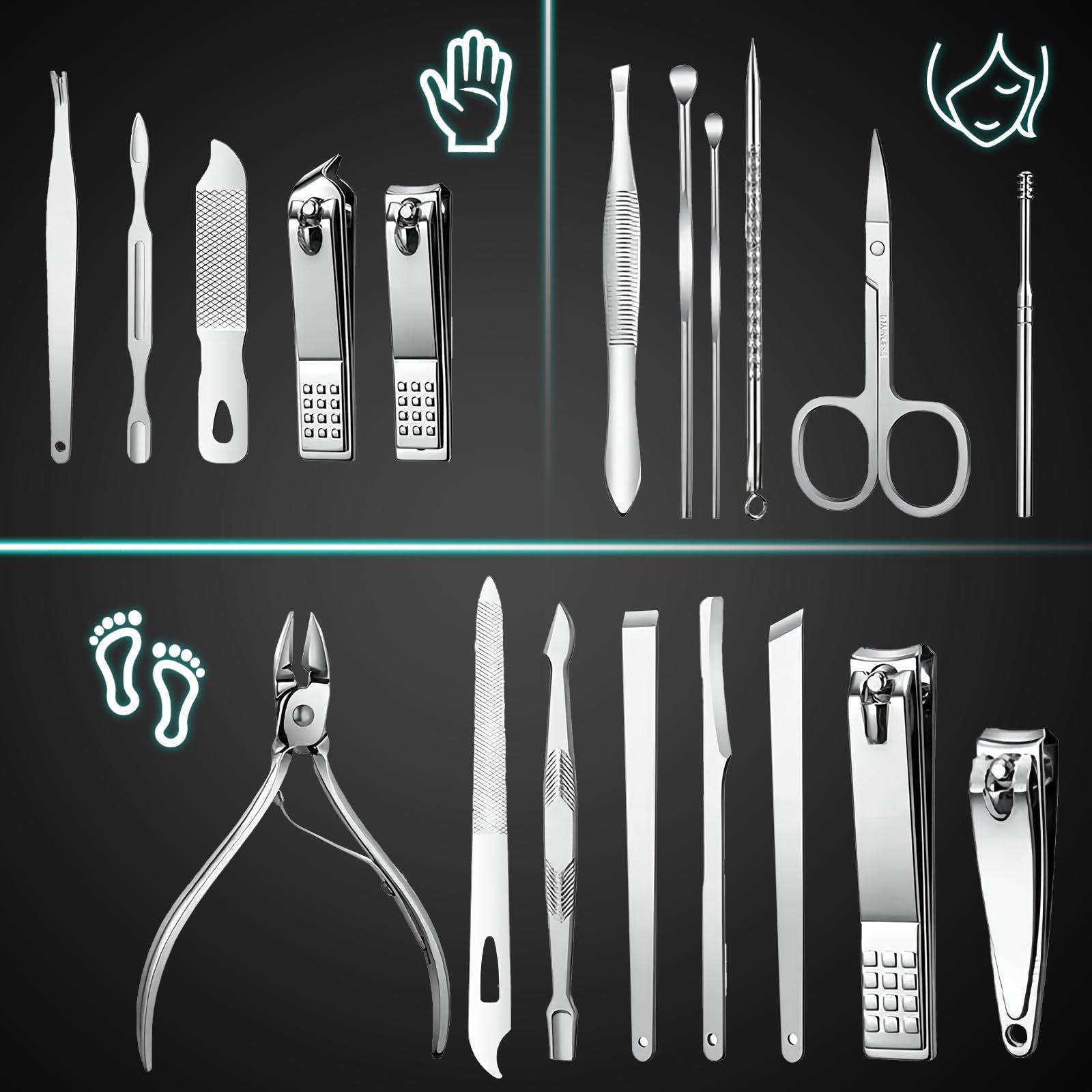 19 piece black nail care set stainless steel beauty set with plant printing bag, including scissors, tweezers, nail files