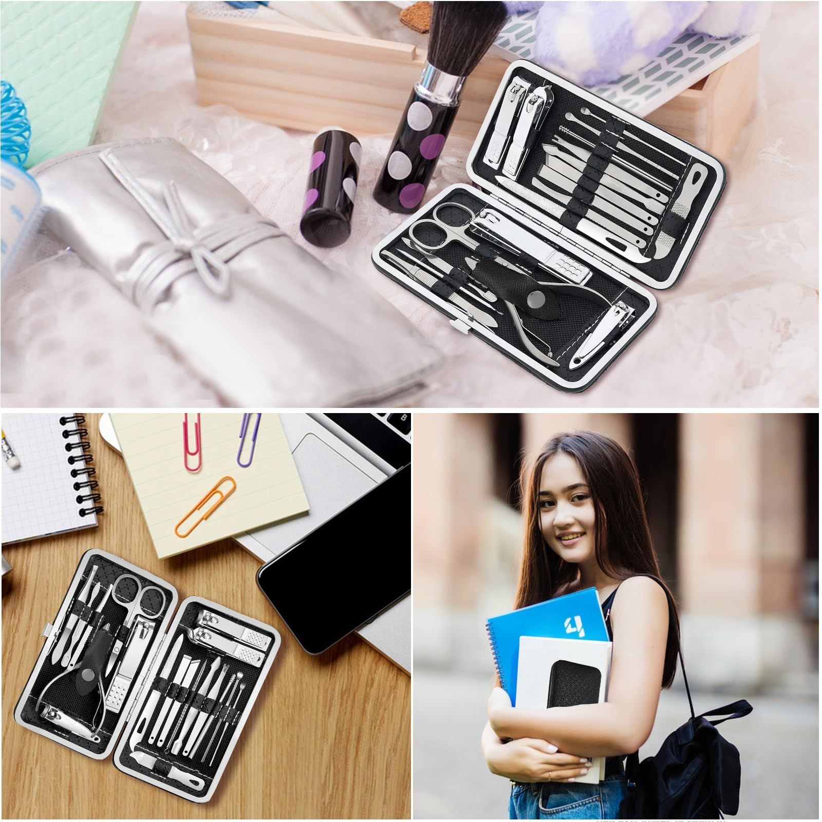 19 piece black nail care set stainless steel beauty set with plant printing bag, including scissors, tweezers, nail files