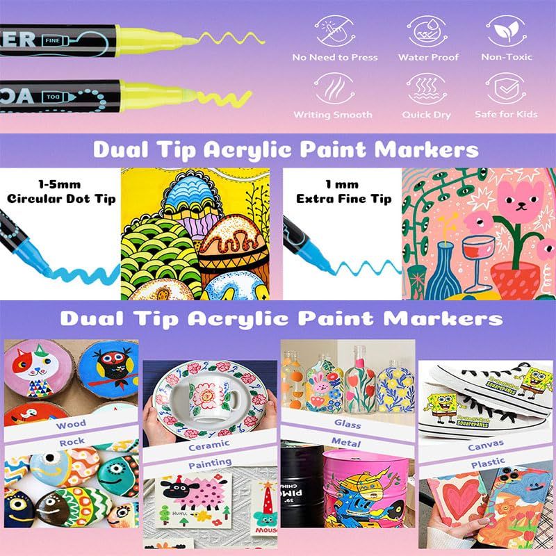 48 color acrylic paint markings, double pointed, with 1mm ultra-fine and 1-5mm point tips, waterproof, non-toxic, suitable for rocks, glass, ceramics