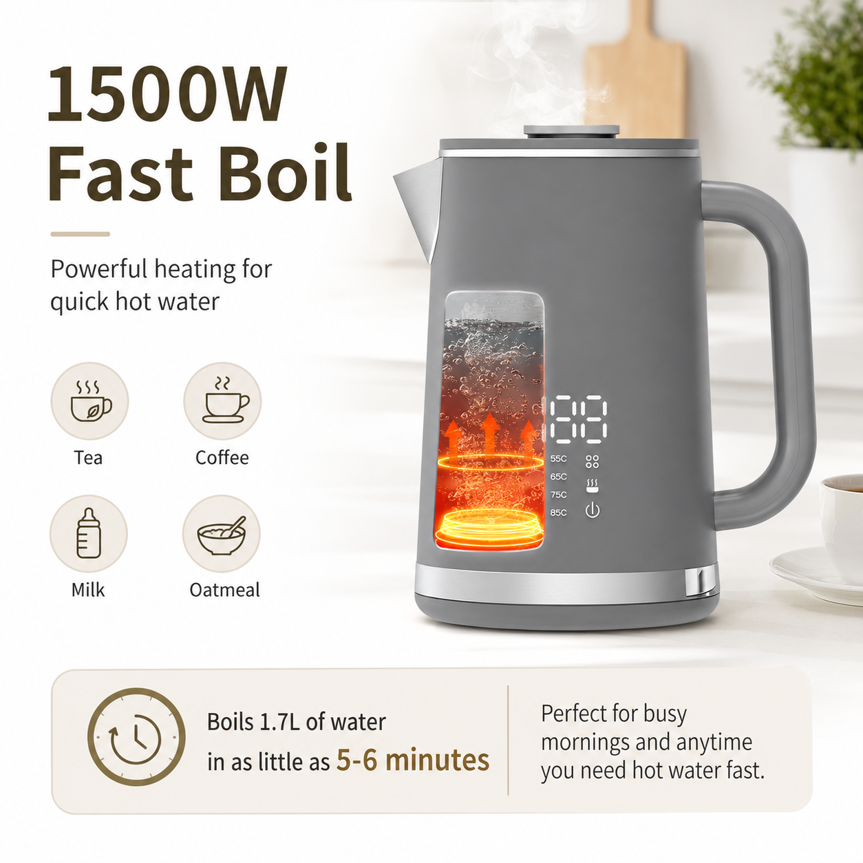 Gray electric kettle, 1.7L stainless steel kettle, 1500W rapid heating, with LED display, adjustable temperature, double-walled anti-scalding design, automatic power-off function, black.