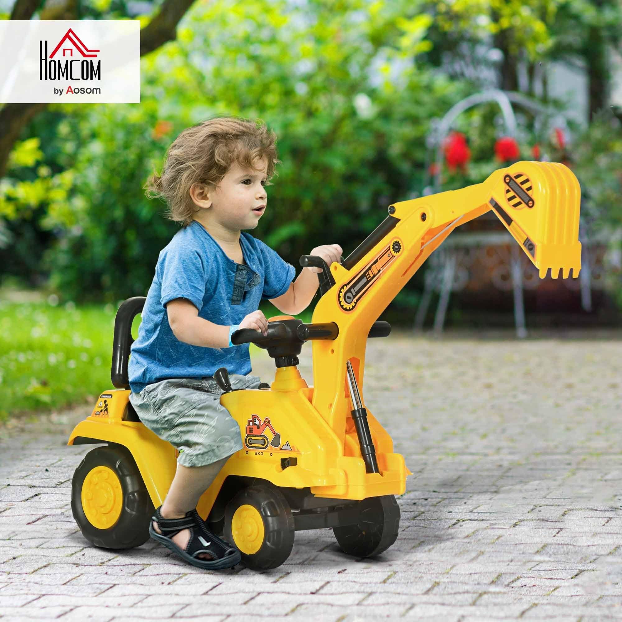 Yellow children's ride-on excavator puller, with horn, under-seat storage space, sit-and-slide role-playing construction vehicle toy, suitable for children aged 18-48 months.