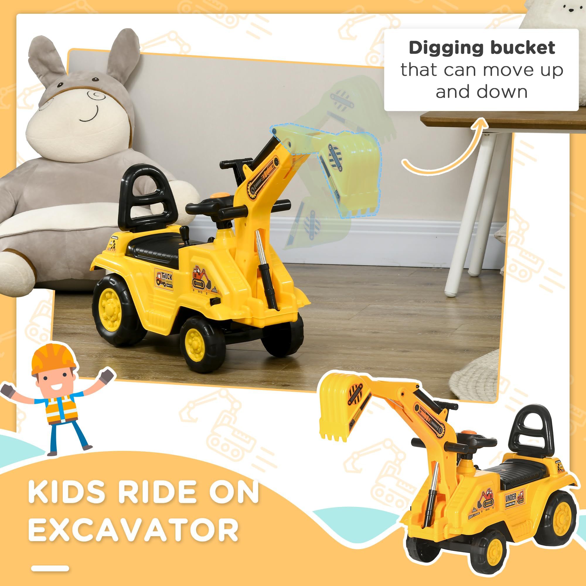 Yellow children's ride-on excavator puller, with horn, under-seat storage space, sit-and-slide role-playing construction vehicle toy, suitable for children aged 18-48 months.