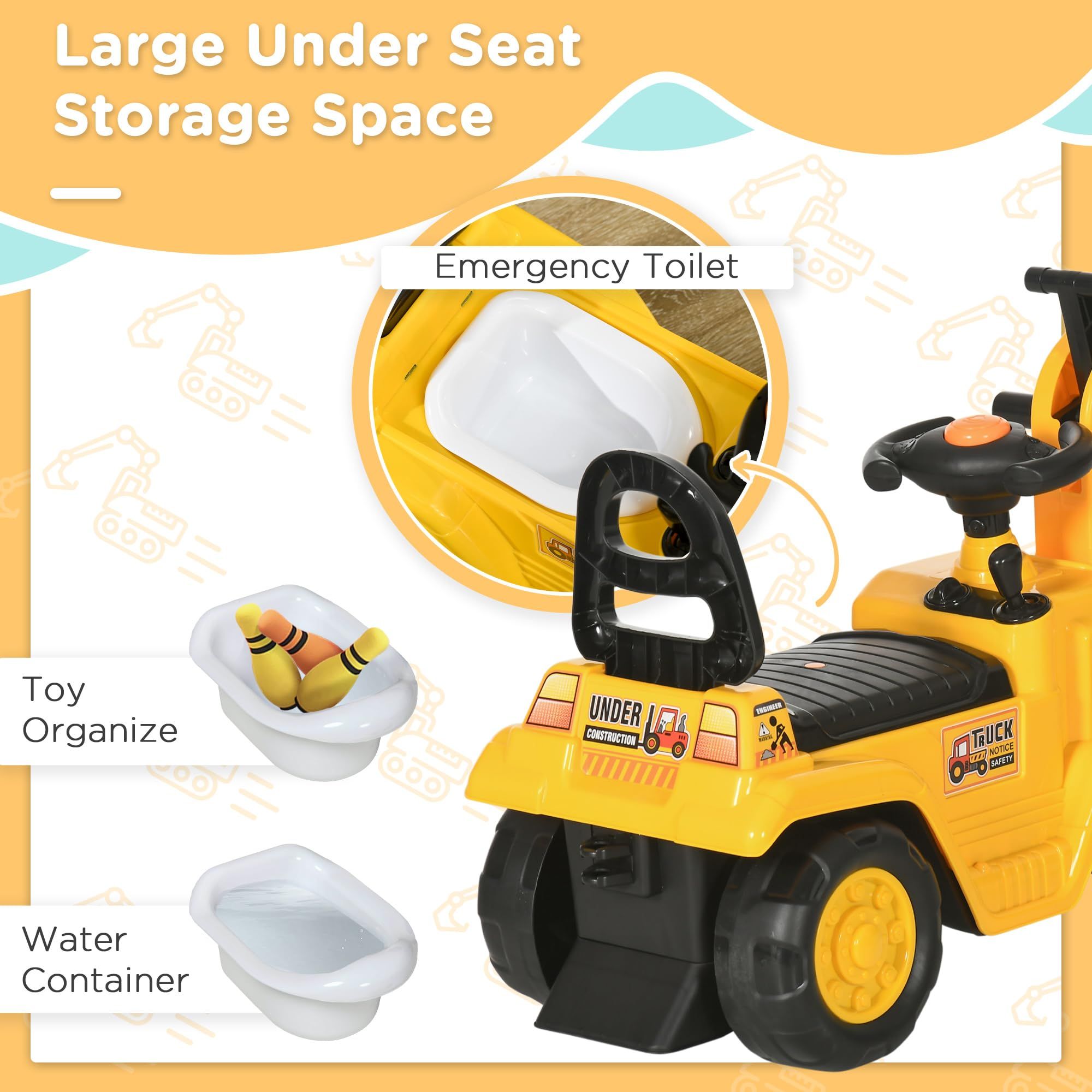 Yellow children's ride-on excavator puller, with horn, under-seat storage space, sit-and-slide role-playing construction vehicle toy, suitable for children aged 18-48 months.