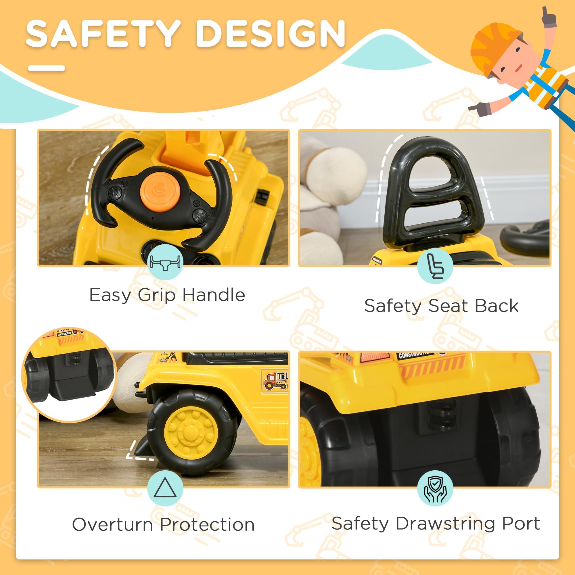 Yellow children's ride-on excavator puller, with horn, under-seat storage space, sit-and-slide role-playing construction vehicle toy, suitable for children aged 18-48 months.