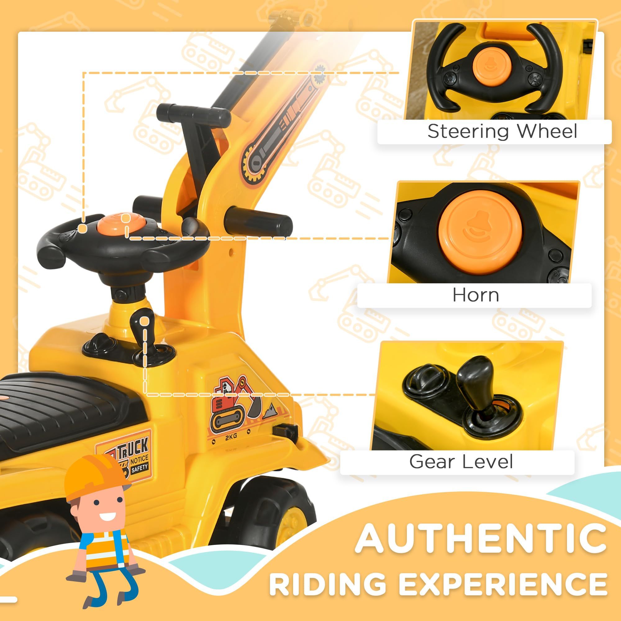 Yellow children's ride-on excavator puller, with horn, under-seat storage space, sit-and-slide role-playing construction vehicle toy, suitable for children aged 18-48 months.