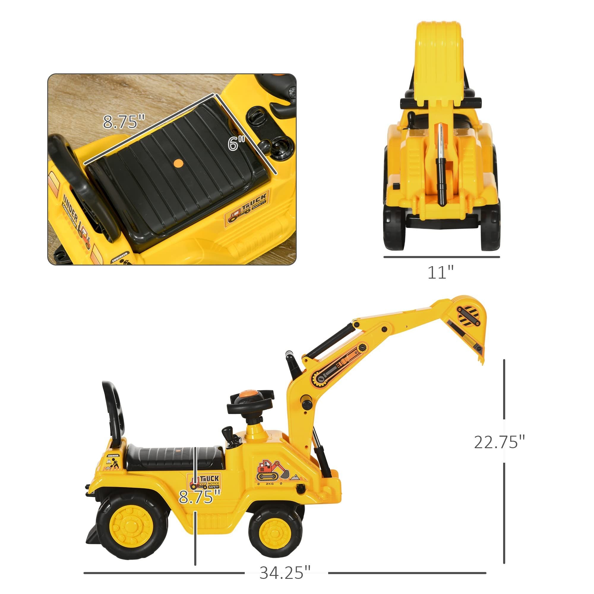 Yellow children's ride-on excavator puller, with horn, under-seat storage space, sit-and-slide role-playing construction vehicle toy, suitable for children aged 18-48 months.