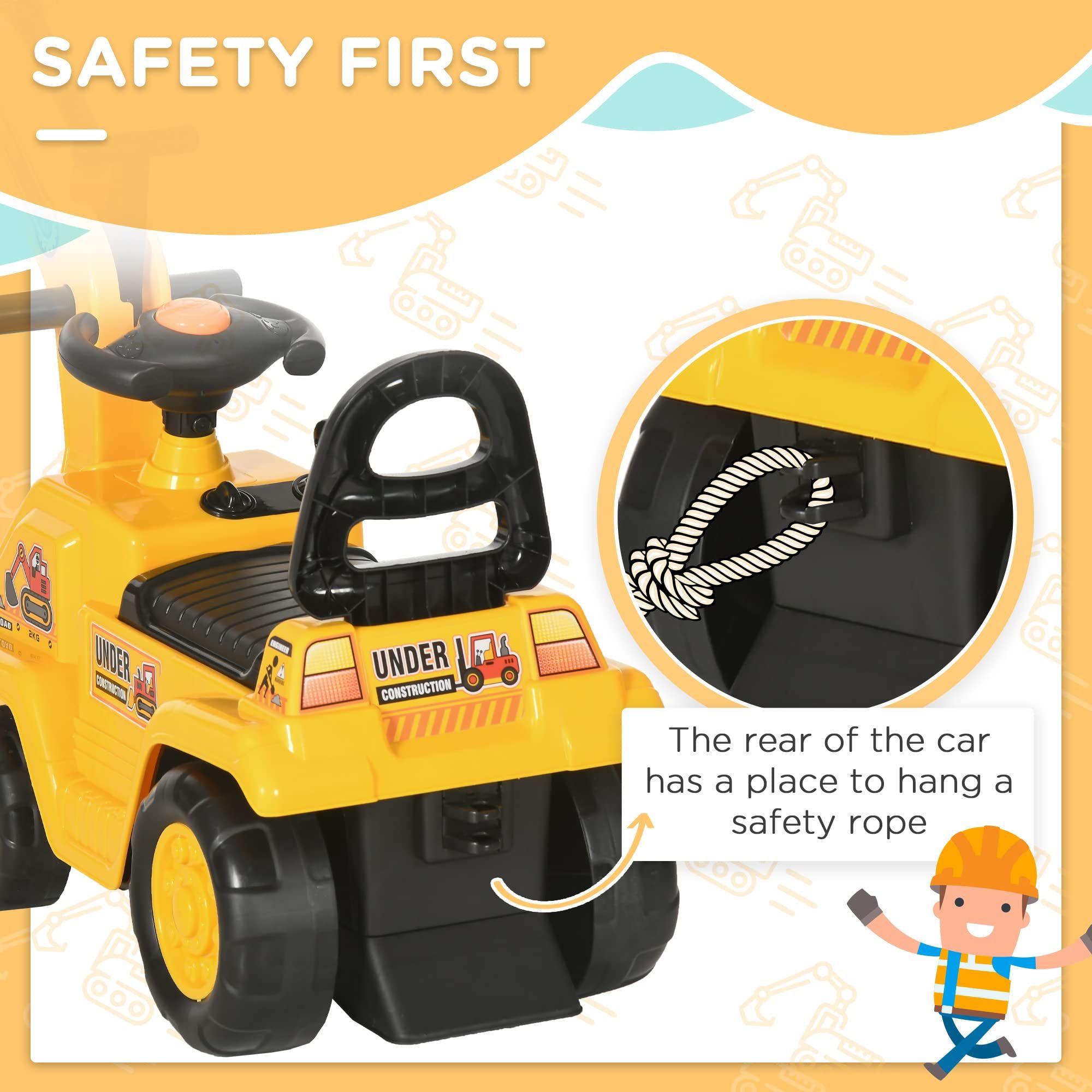 Yellow children's ride-on excavator puller, with horn, under-seat storage space, sit-and-slide role-playing construction vehicle toy, suitable for children aged 18-48 months.