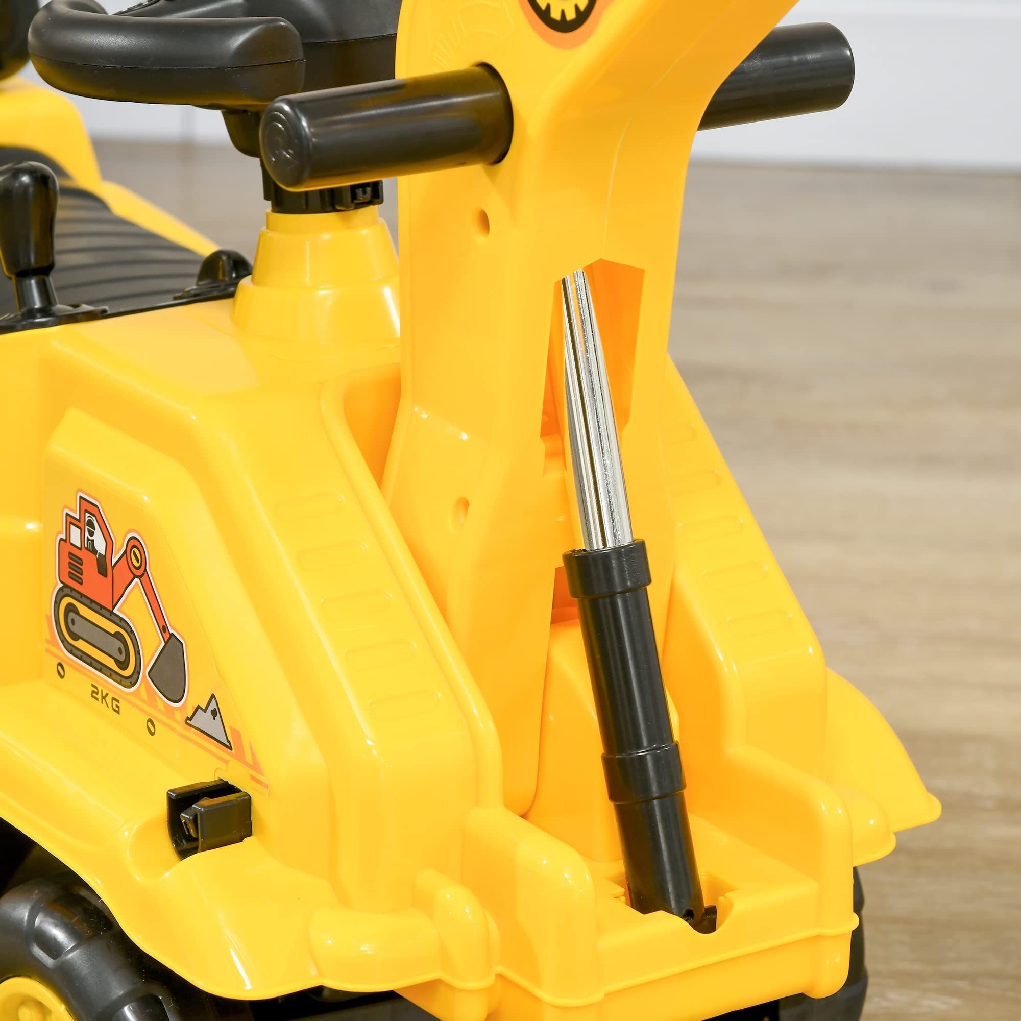 Yellow children's ride-on excavator puller, with horn, under-seat storage space, sit-and-slide role-playing construction vehicle toy, suitable for children aged 18-48 months.