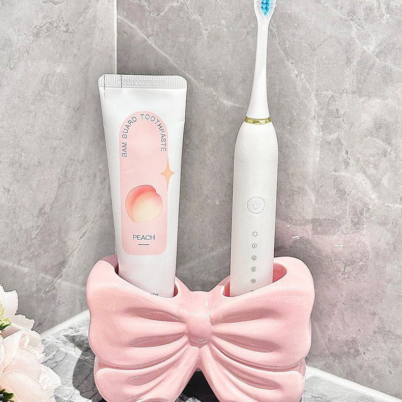 Bowknot Double‑Slot Toothbrush Storage Holder - Pink
