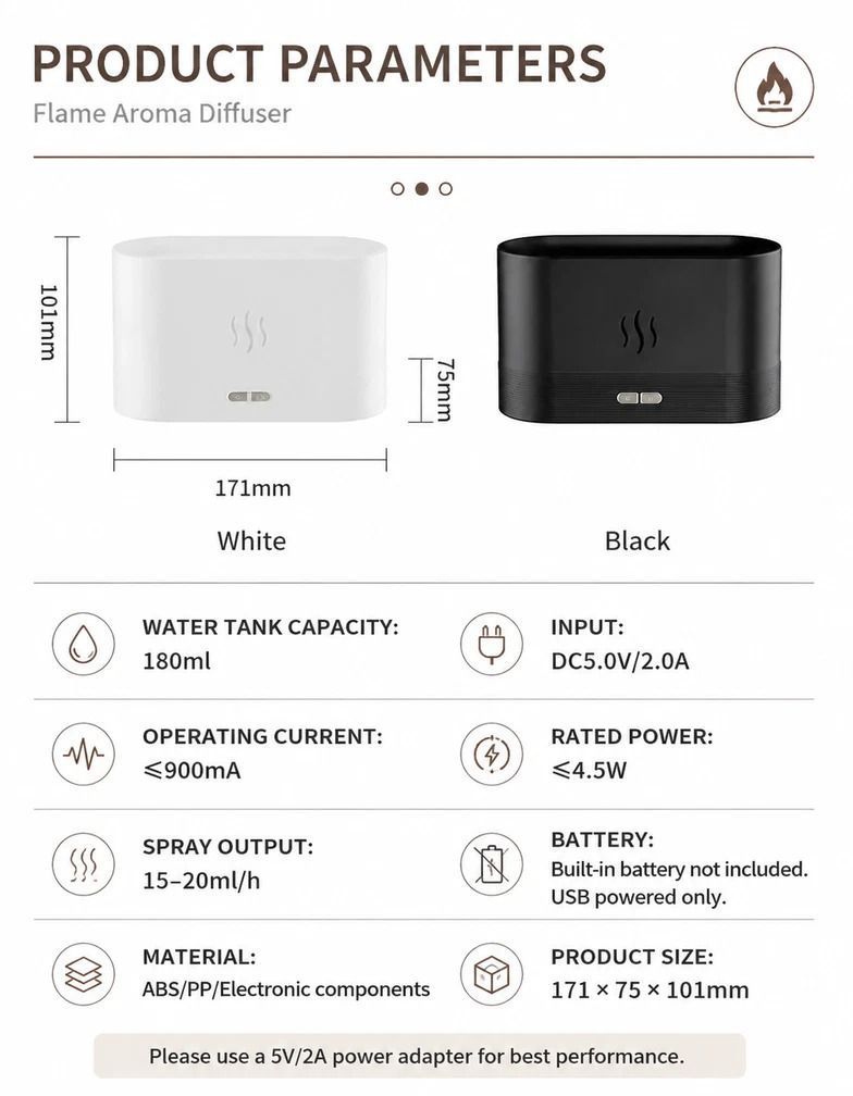 2 Pack USB Flame Diffuser, White & Black Single Light Pair