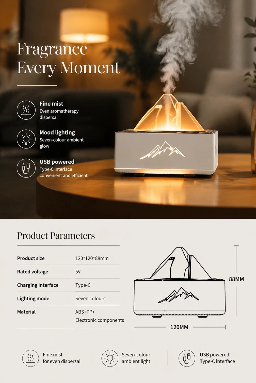 Tap Control Night Light Humidifier, Cream, Home Decor Gift