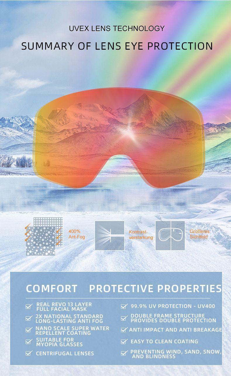 UV Protection Spherical Ski Goggles, Anti-Fog Windproof Snow Sports Protective Glasses, Fluorescent Green Strap Colorful Lens, Perfect Outdoor Winter Gift