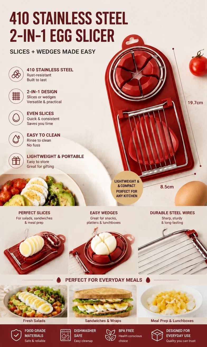 White 2-in-1 Stainless Steel Egg Slicer Clean Even Cuts Ideal for Salads