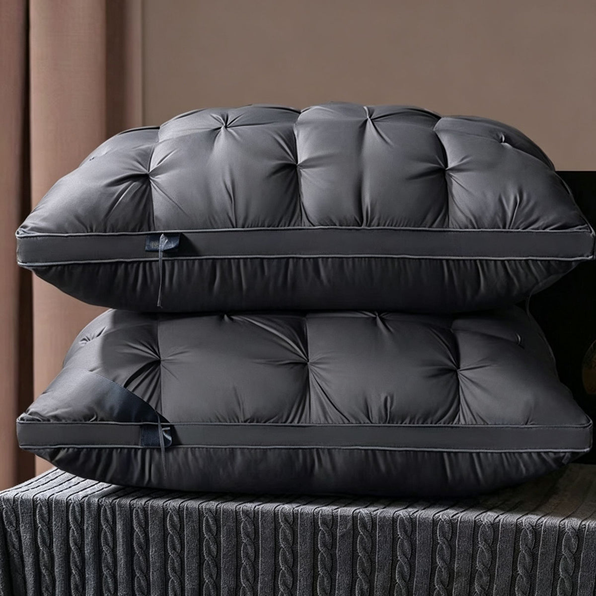 Twisted Dark Grey High Loft Pillow Pair | 950g Per Piece | Thickened Supportive Sleep Pillow Set, Christmas High Loft Sleep Set for Side Sleepers