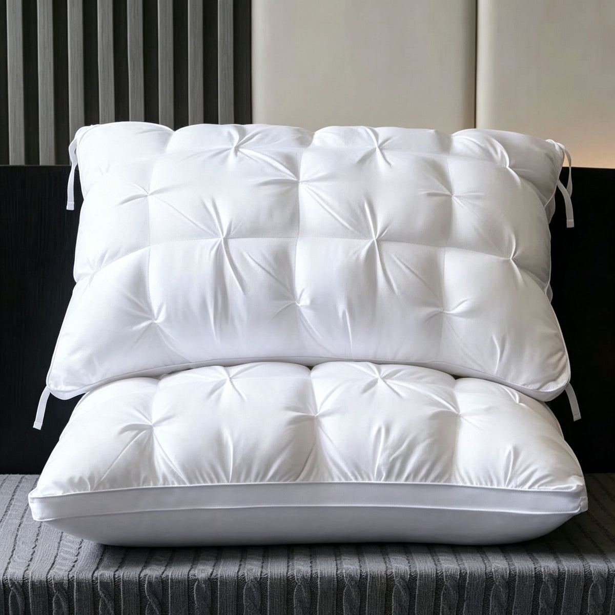 Twisted Pure White Low Loft Pillow Pair | 750g Per Piece | Crisp Hotel-Quality Neck Pillow Set, Christmas Fresh Sleep Gift for Clean Bedroom