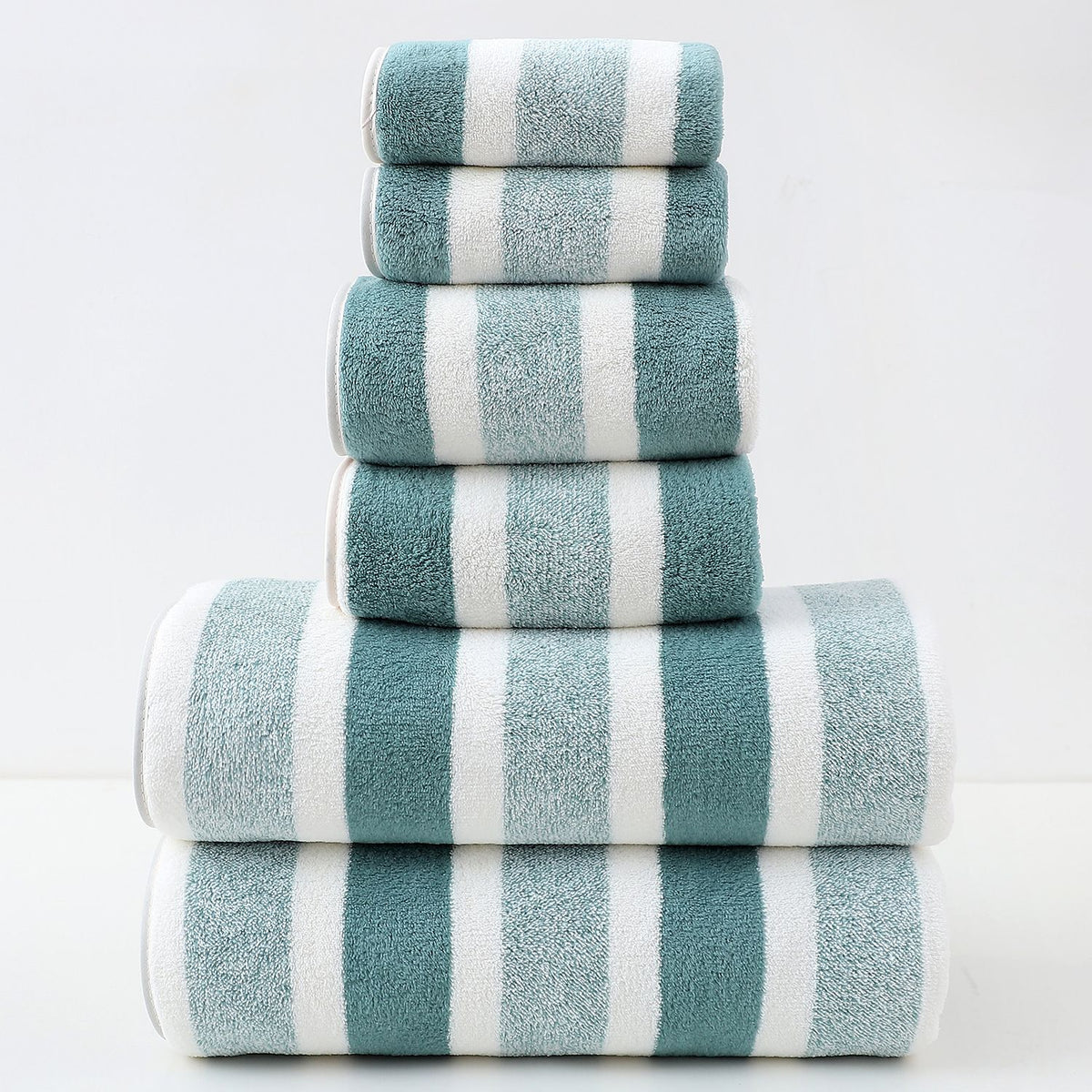 6pcs Green Wide Stripe Towel Set Coral Fleece Bath Towel Face Cloth Bathroom Travel