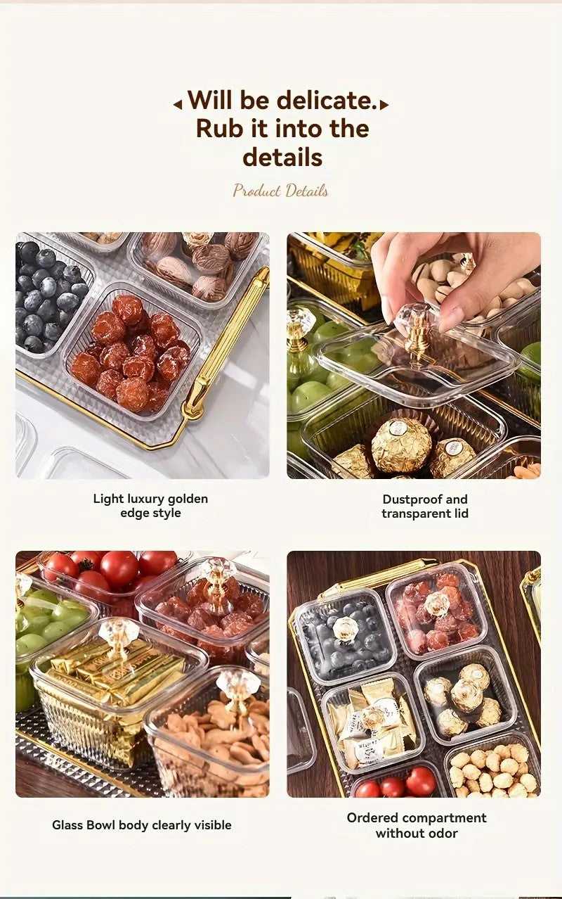 1-Piece 8-Compartment Snack Tray, BPA-Free Plastic Food-Grade Snack Organizer, Perfect for Nuts, Fruits, Candies, Potato Chips - Elegant Gold Decor for Home Entertainment, Party Snack Table Decoration, Party Snack Storage Box | Gold-Plated Tray