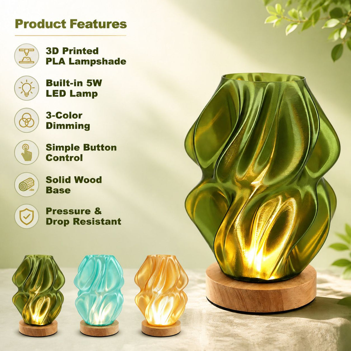 Spiral Table Lamp, 3D Printed, Dimmable, Solid Wood Base, Home Decoration, Mood Light.(green)