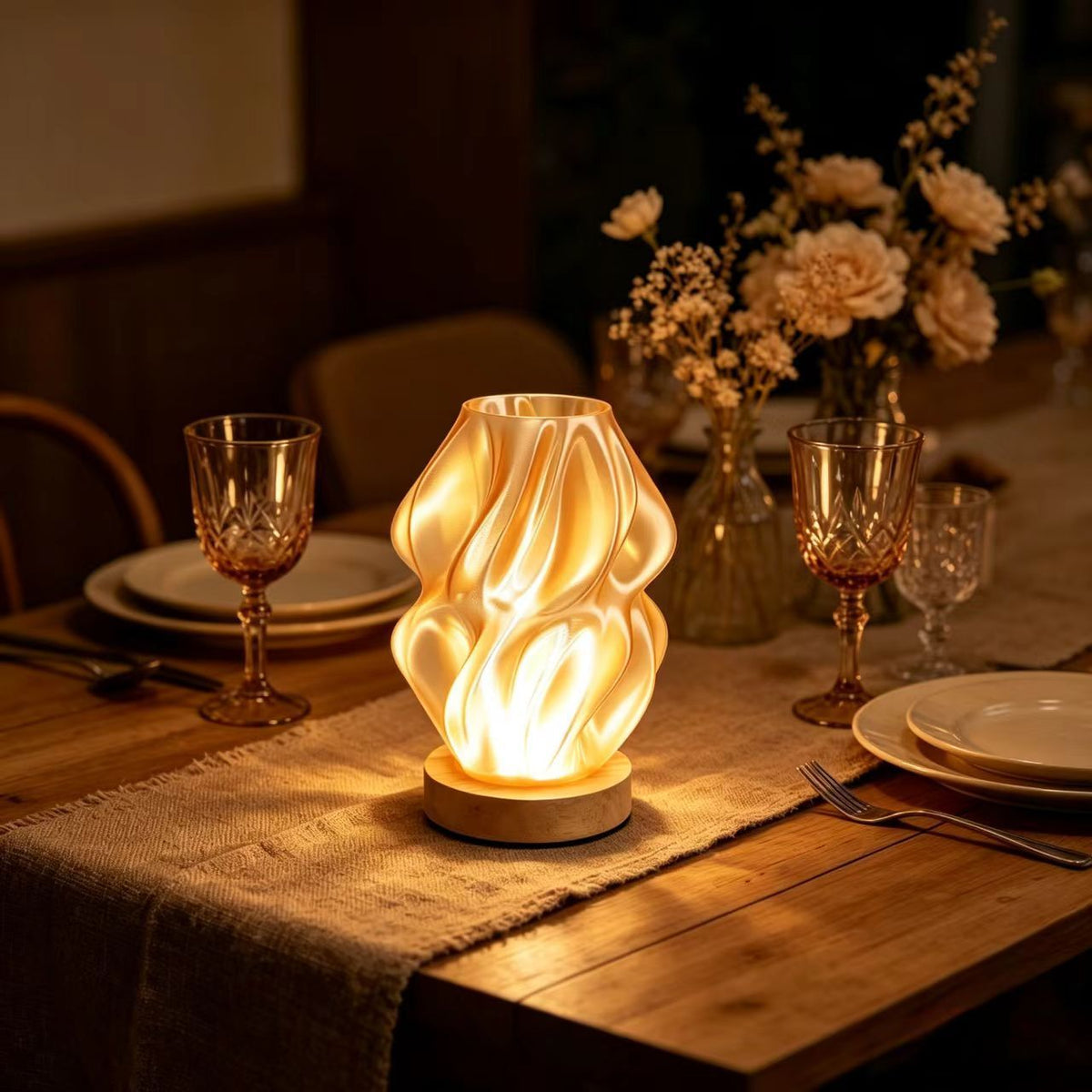 Spiral Table Lamp, 3D Printed, Dimmable, Solid Wood Base, Home Decoration, Mood Light.(green)