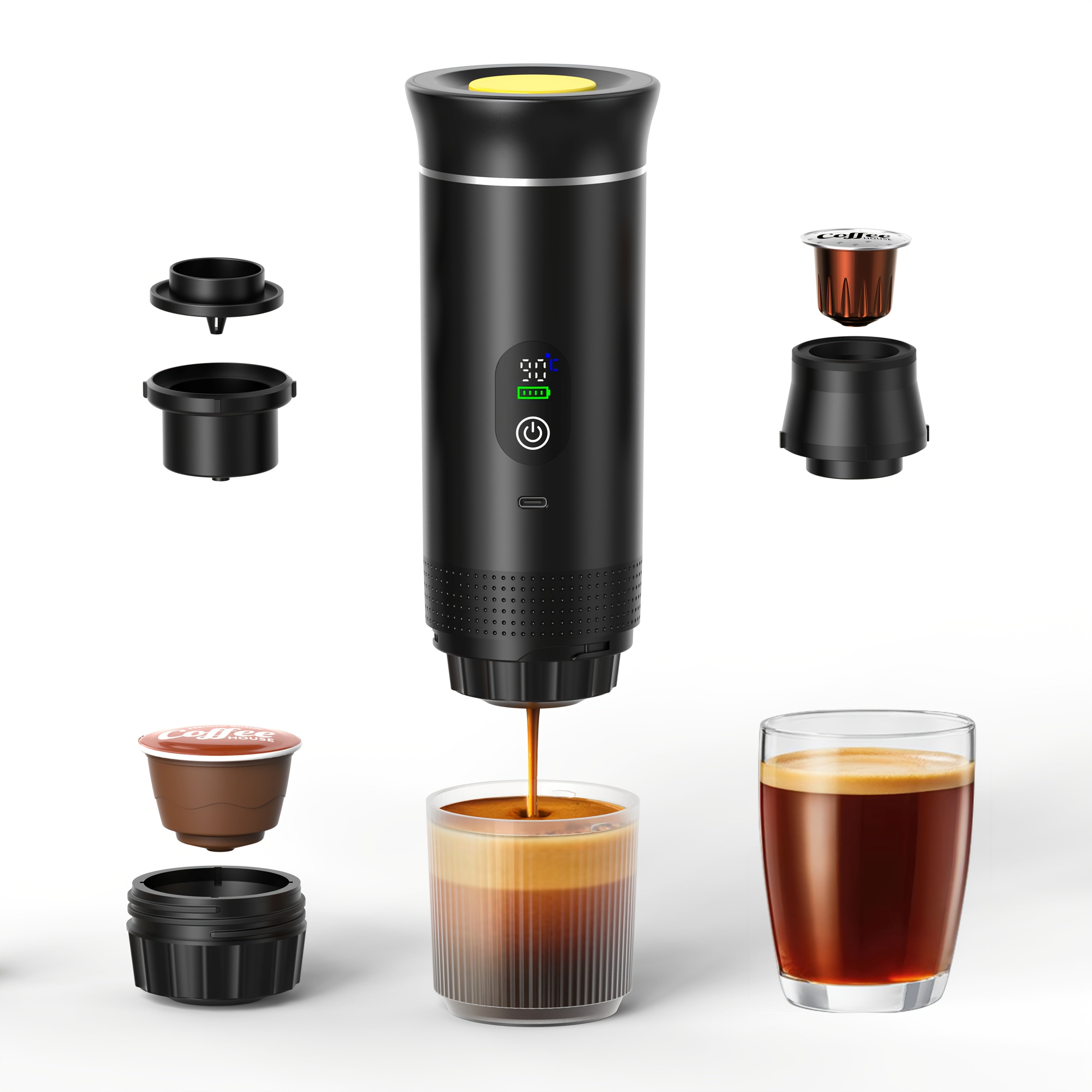 Portable 20Bar High - Pressure Extraction Coffee Machine, 80ml Stainless Steel Water Tank + Foldable Stand, Low - Battery Alert & Real - Time Temperature Control, Enjoy Barista - Quality Coffee on the Go, at Office or While Driving。black