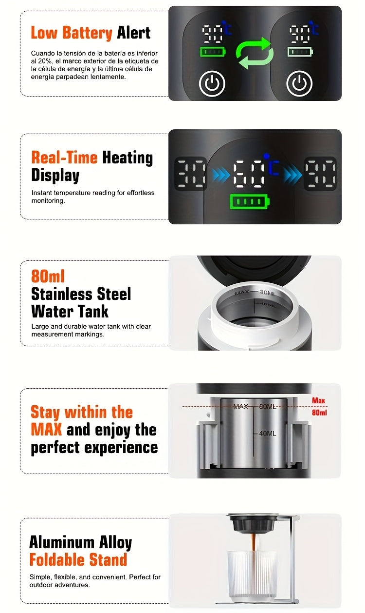 Portable 20Bar High - Pressure Extraction Coffee Machine, 80ml Stainless Steel Water Tank + Foldable Stand, Low - Battery Alert & Real - Time Temperature Control, Enjoy Barista - Quality Coffee on the Go, at Office or While Driving,Grey
